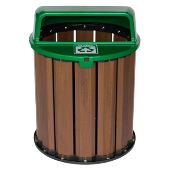 lixeira de madeira plástica 67 litros nas cores marrom com tampa verde